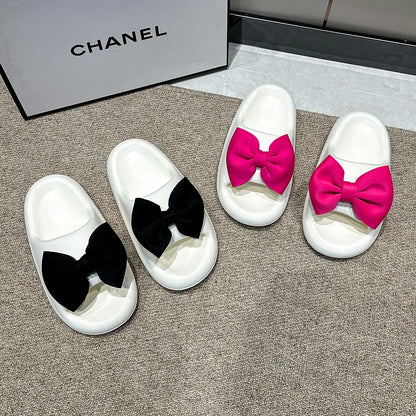 Fashion Bow Tie Slippers for Women Outdoor Thick Soft Sole Slippers Non Slip Slides Sweet Girls Beach Open Toe Shoes