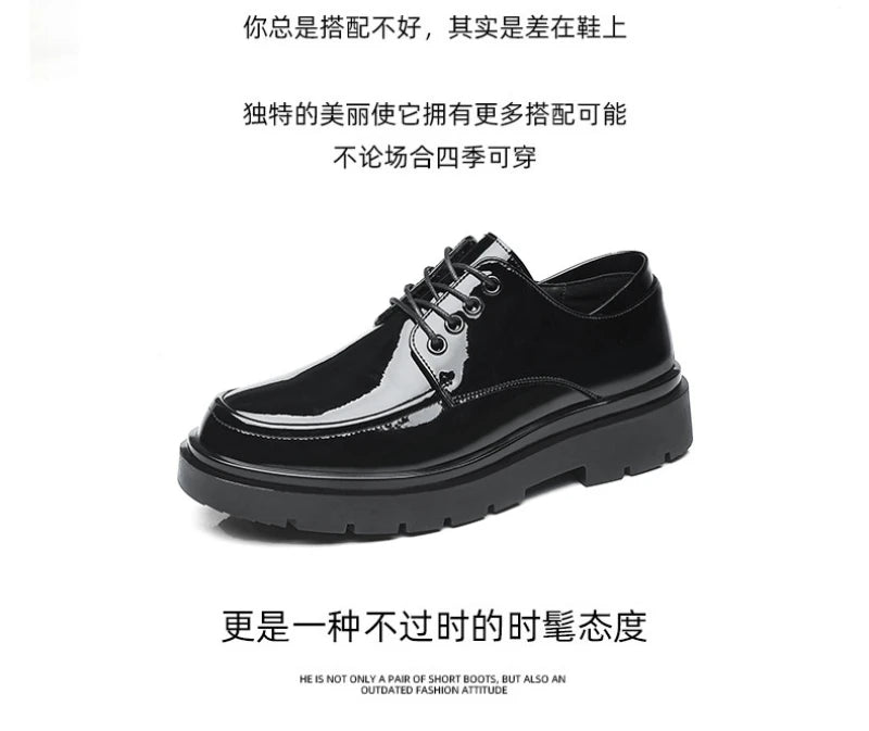 Mens Black Patent Leather Perforated Lace Up Chunky Platform Oxford Shoes Breathable Casual Business Formal Summer Dress Shoes