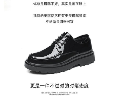 Mens Black Patent Leather Perforated Lace Up Chunky Platform Oxford Shoes Breathable Casual Business Formal Summer Dress Shoes