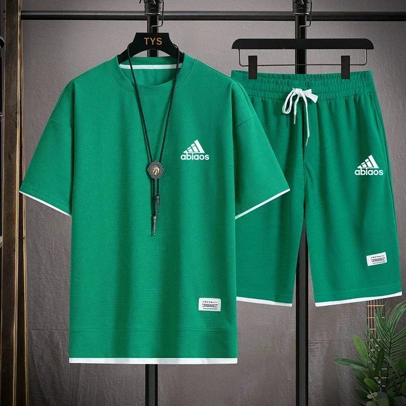 Men's casual short sleeved T-shirt and sports shorts, breathable comfortable running waffle set, summer fashion, 2026