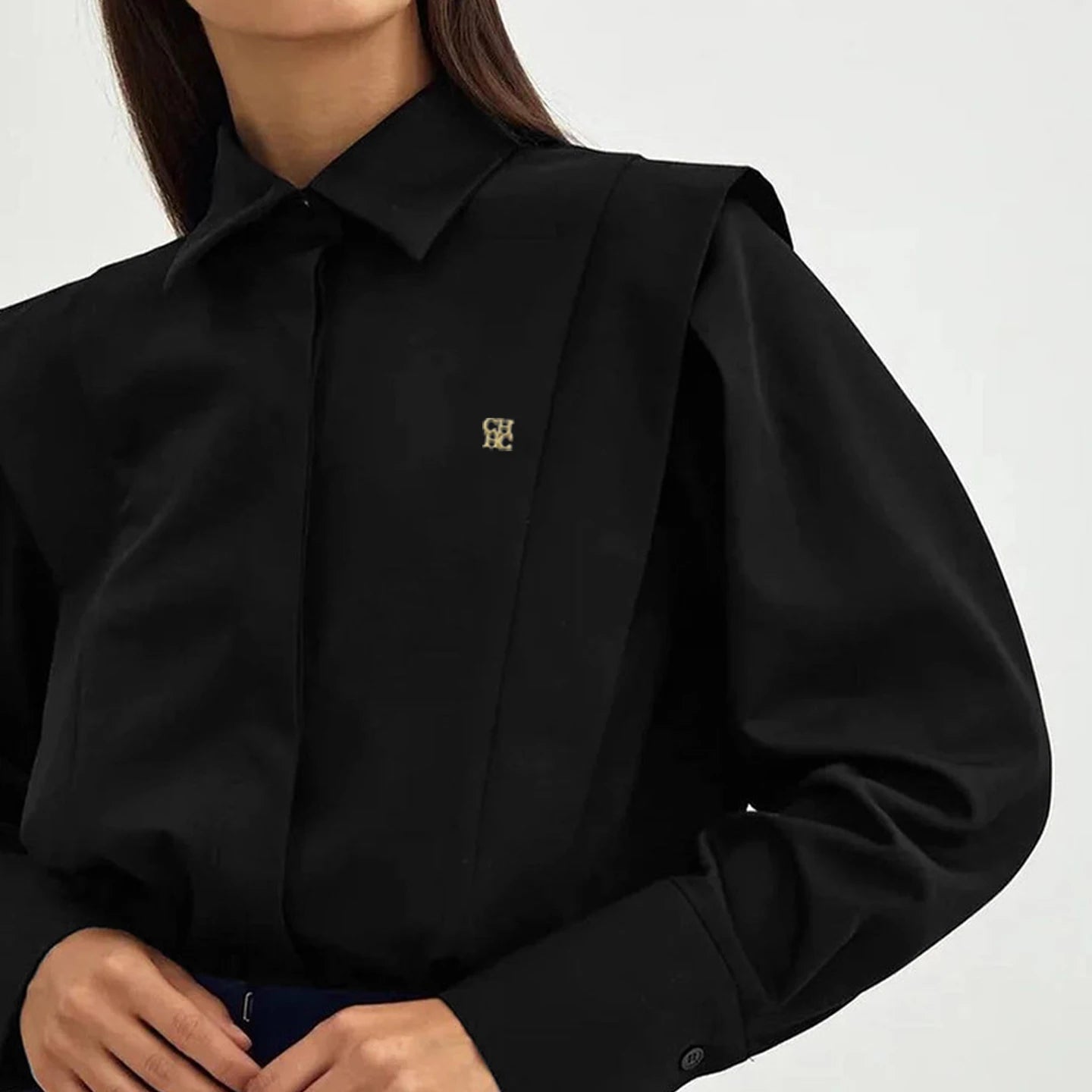 CH Womens CH Logo Embroidered Shirt Long Sleeve Structured Shoulder Office Blouse Fashion Button Down Top
