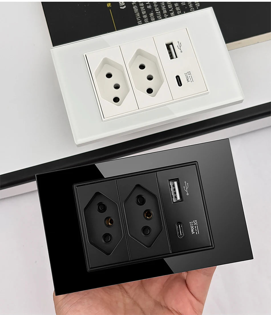 DELEFU 4*2 White Tempered Glass Brazil Standard Outlet with Double USB Type C Wall Power Socket  Switch Tuya Wifi 10A 20A