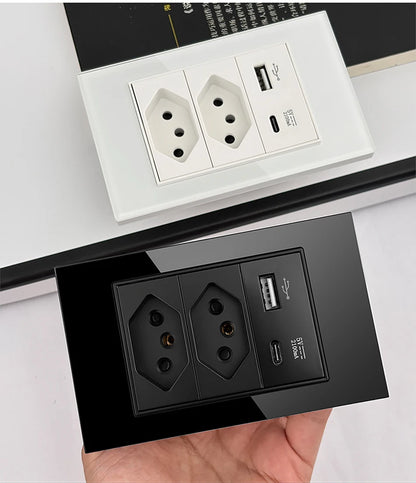 DELEFU 4*2 White Tempered Glass Brazil Standard Outlet with Double USB Type C Wall Power Socket  Switch Tuya Wifi 10A 20A