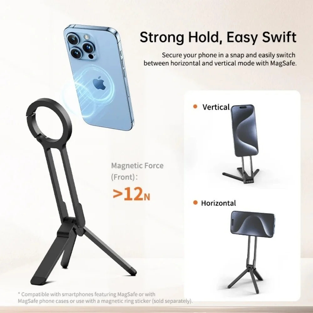Portable Foldable Phone Tripod Carabiner-Mounted for Magsafe Phone Dual-sided Magnetic Phone Bracket for Live Streaming Selfie