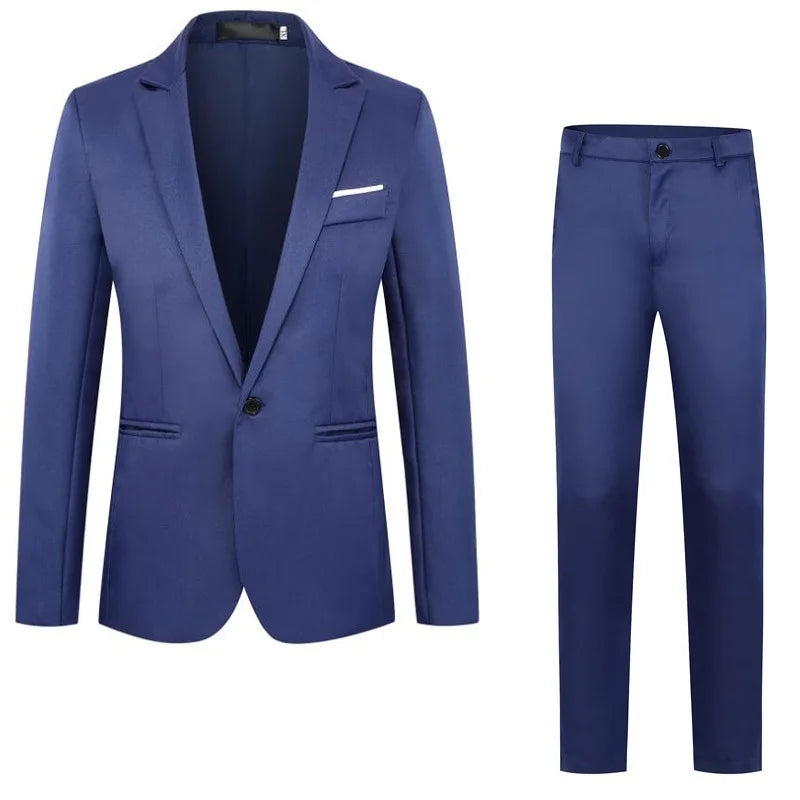 Spring Autumn New Fashion Men's Casual Trendy Slim 2 Pieces of Sets Suit Sets Solid Color Single-button Suit Blazers Pants Male