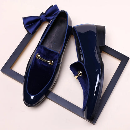 Mens Formal Navy Blue Velvet Patent Leather Loafers With Gold Horsebit Accent Flat Heel Comfortable Non Slip Breathable Business