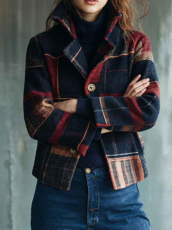 Plaid Colorblock Long-Sleeve Blazer