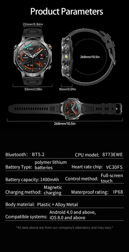 2026 New Military 1400mAh Battery Smart Watch Men Outdoor Flashlight 10ATM Waterproof Heart Rate Bluetooth Call Sports Bracelets