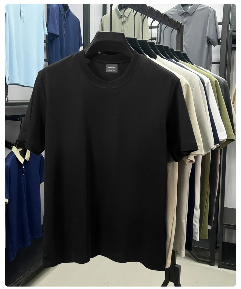 High quality luxury short sleeve T-shirt summer breathable cool silk cotton fashion solid color round neck top casual men's wear