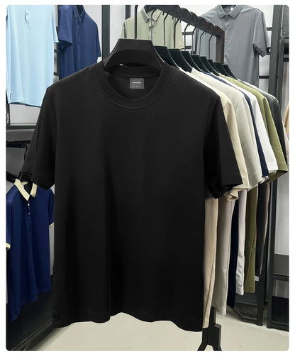 High quality luxury short sleeve T-shirt summer breathable cool silk cotton fashion solid color round neck top casual men's wear