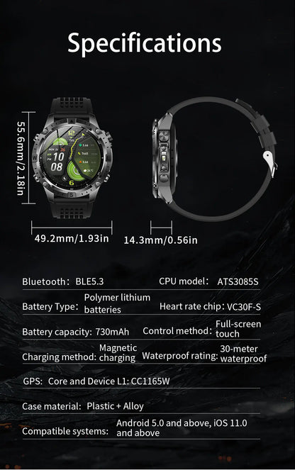 New Outdoor GPS Offline Map Smart Watch Men 3ATM Waterproof 170+ Sports LED Compass Altimeter AMOLED Bluetooth Call Smartwatch