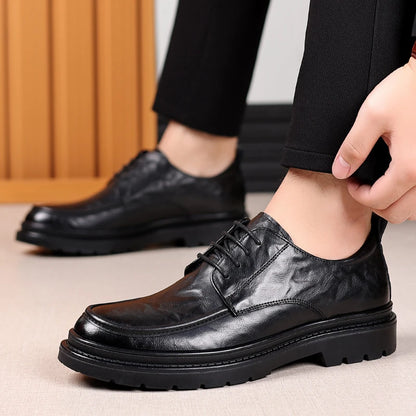 Mens Black Wrinkled Leather Apron Toe Lace Up Dress Shoes Thick Lug Sole Chunky Formal Business Office Work Daily Wear Shoes