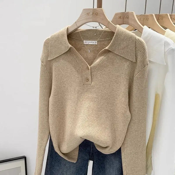Polo-Collar Ribbed Knit Sweater
