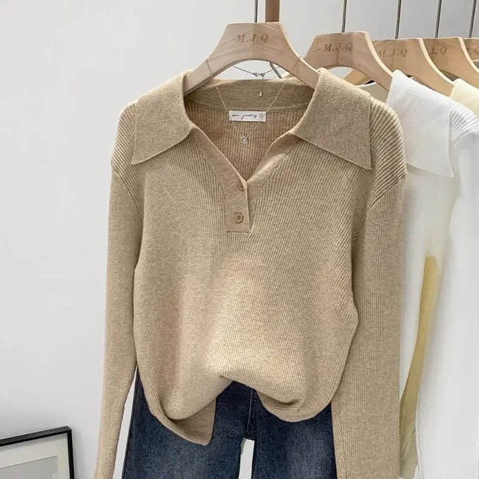 Polo-Collar Ribbed Knit Sweater