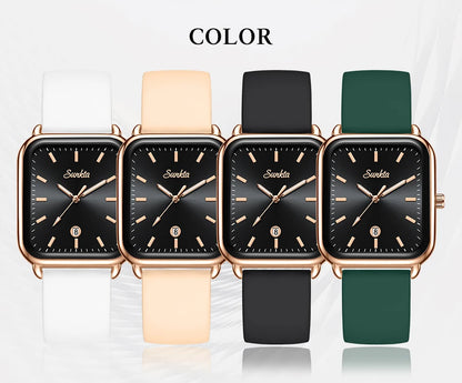 Sunkta Fashion Elegant Woman Watch Square Luxury Retro Silicone Belt Auto Date Casual Waterproof Luminous Quartz Watches for Men