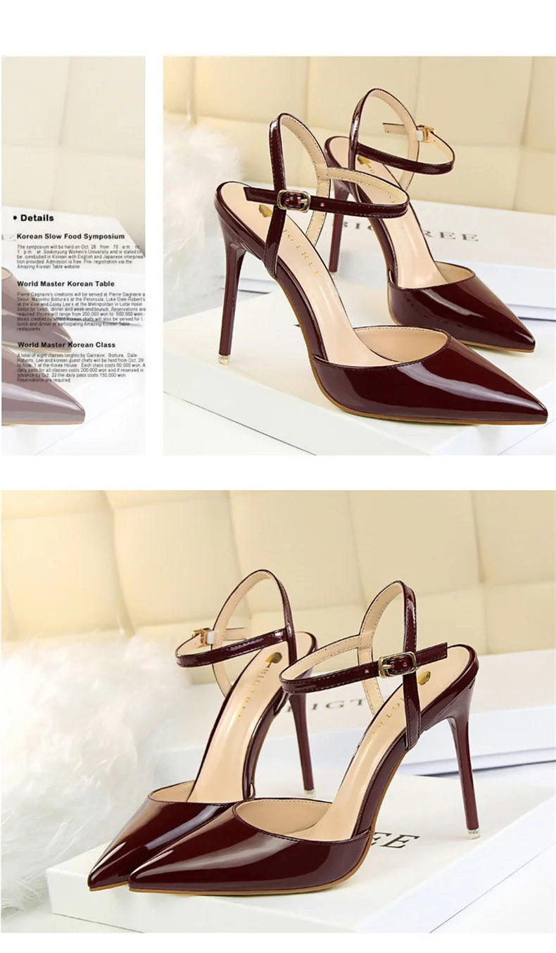 Women High Heels Sandals Metallic Gray Patent Leather Stripper Ankle Strap Wedding Nightclub Pointed Toe Party Valentine 86-1