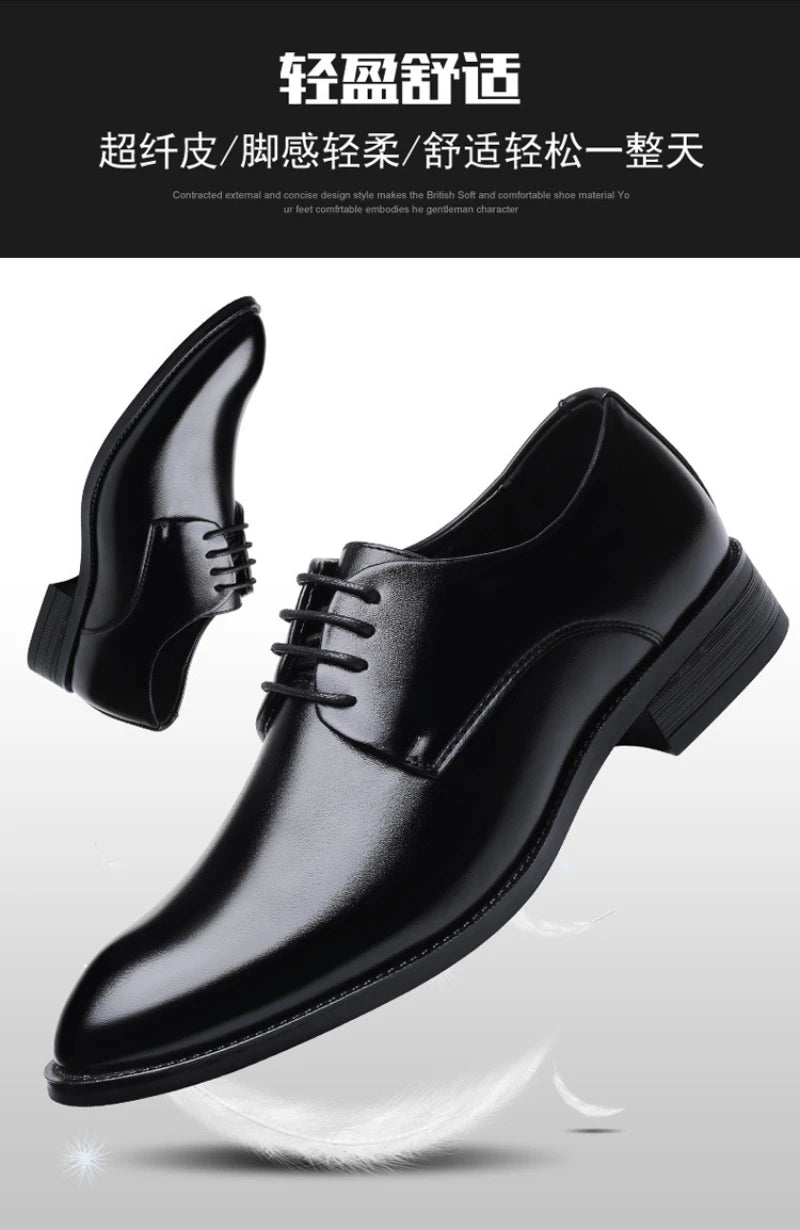 Mens Breathable Leather Dress Shoes Formal Business Footwear Pointed Toe Lace Up Flat Sole Groom Wedding Shoes Simple Leisure