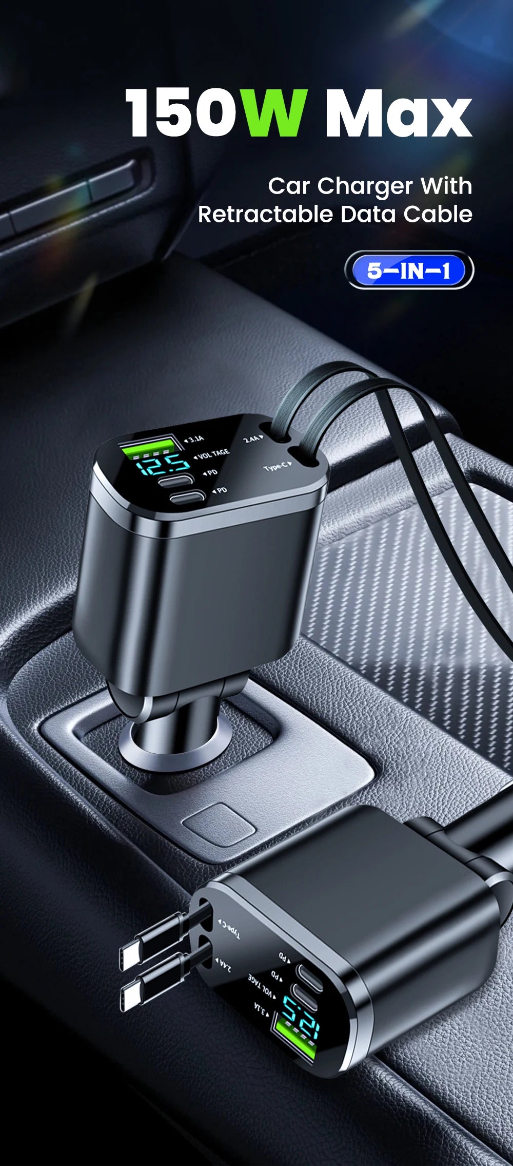 Elough Digital Display Car Charger with Retractable Cable PD Car Fast Charger for iPhone Xiaomi Huawei Samsung
