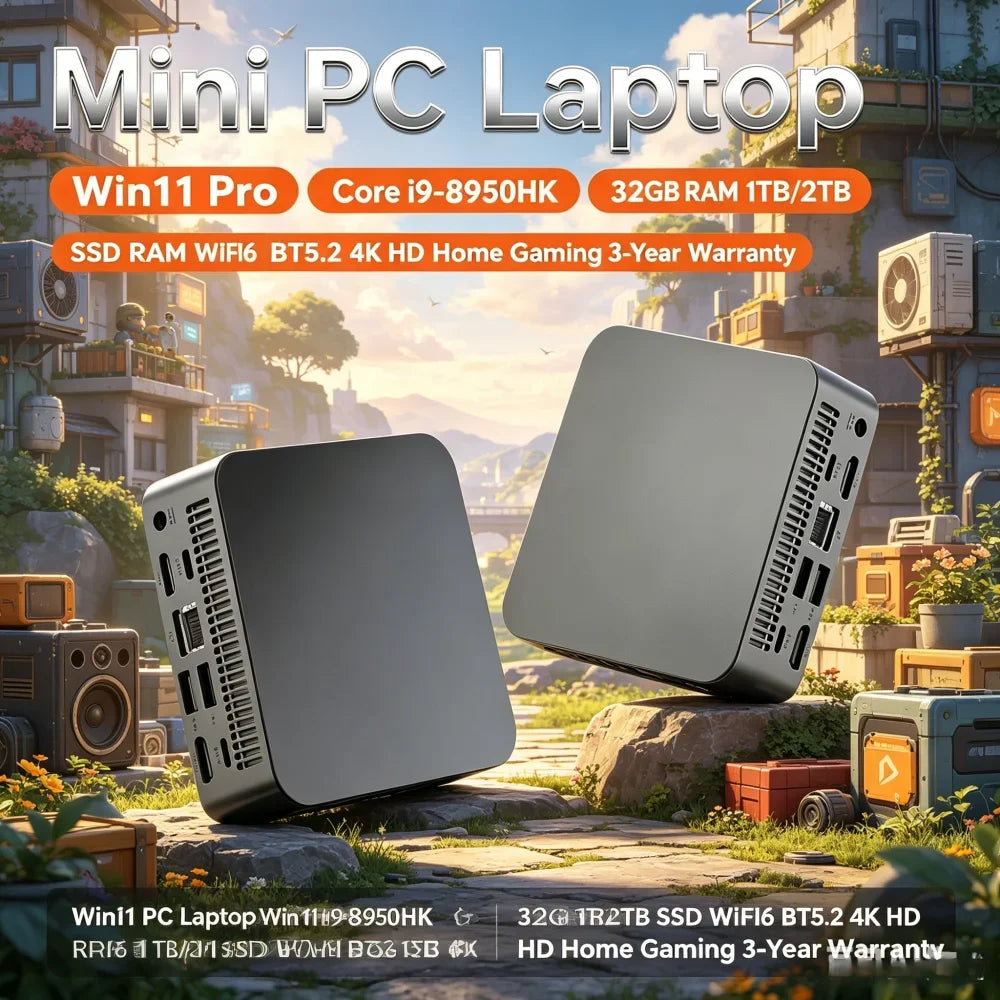 Mini PC Laptop Win11 Pro Core i9-8950HK 32GB RAM 1TB/2TB SSD WiFi6 BT5.2 4K HD Home & Gaming 3-Year Warranty