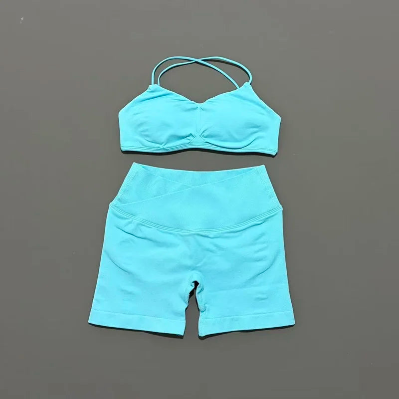 2Pcs HISTELLO Vision Sports Set Strappy Seamless Bra Scrunch Butt Lifting Stretch Breathable Gym Fitness Pilates Workout Sets