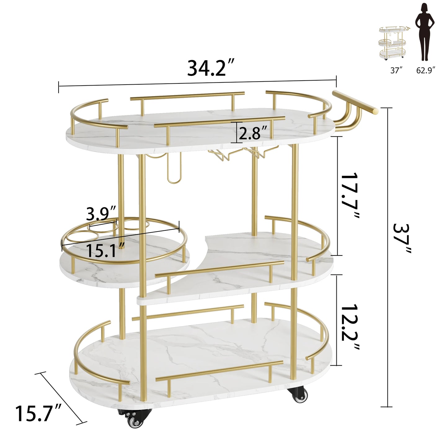 Gold Bar Carts with 4-Tiers Storage Shelves Mobile Bar Seving Carts On Wheels with Wine Rack and Glass Holder for Kitchen