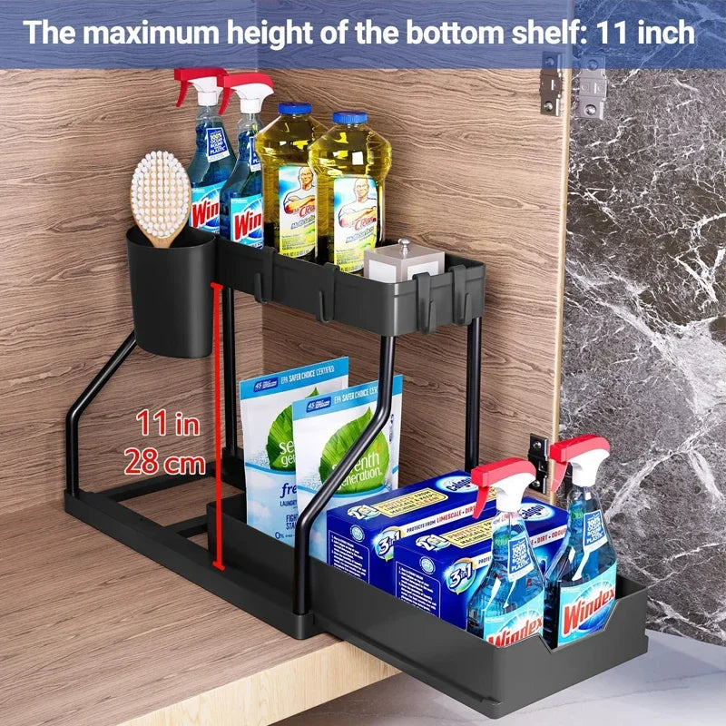 Double Layer Sliding Under Sink Storage Rack with Hanging Hooks Multifunctional Kitchen Bathroom Cabinet Organizer Rack