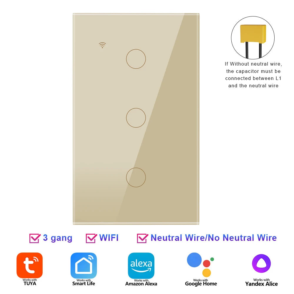 Smart WiFi Switch Single Neutral Wire Universal Touch Control Tuya APP Alexa Google Home Compatible Gold Gray