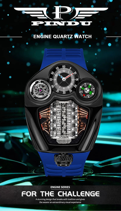 PINDU Design NEW Engine Series Quartz Watch Men TOP-luxurious Stainless Steel Compass Waterproof Swiss Quartz 762 Movement Watch
