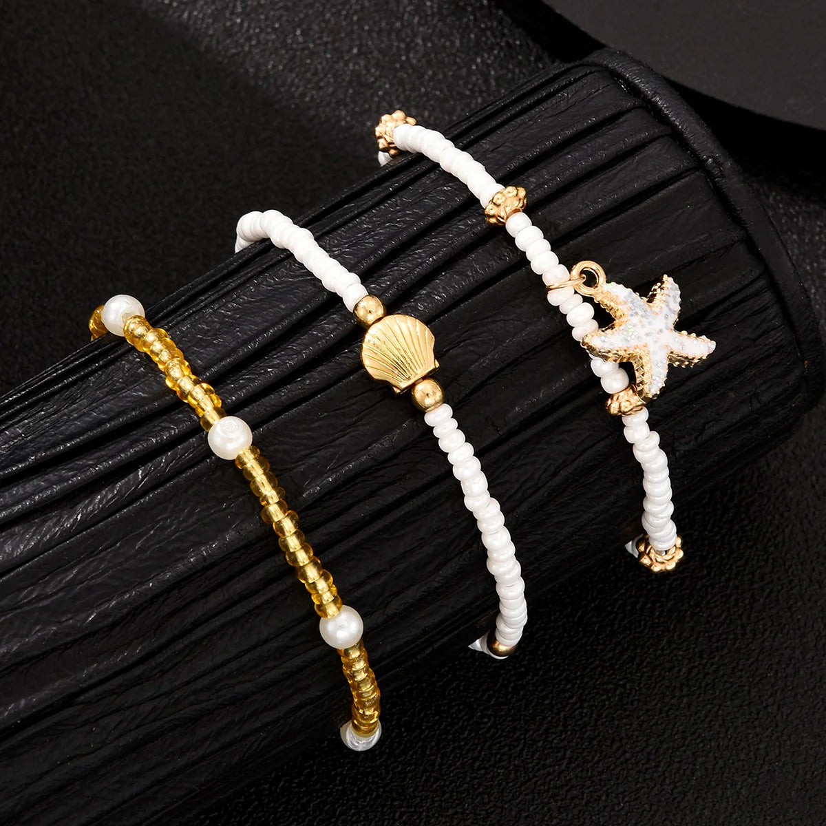 3Pcs/Set Bohemian Starfish Rice Beads Shell Anklet Set for Women Summer Gold White Color Multilayer Anklet Vacation Jewelry Gift
