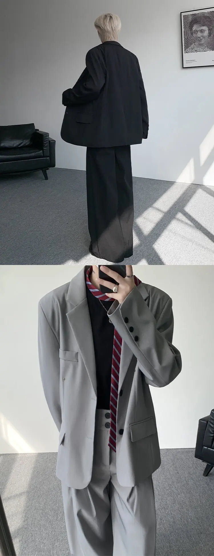 Casual suit set Men Loose fitting 2 piece suit Shoulder pads Trend Streetwear Korean 2025 NEW suit jacker+suit pants