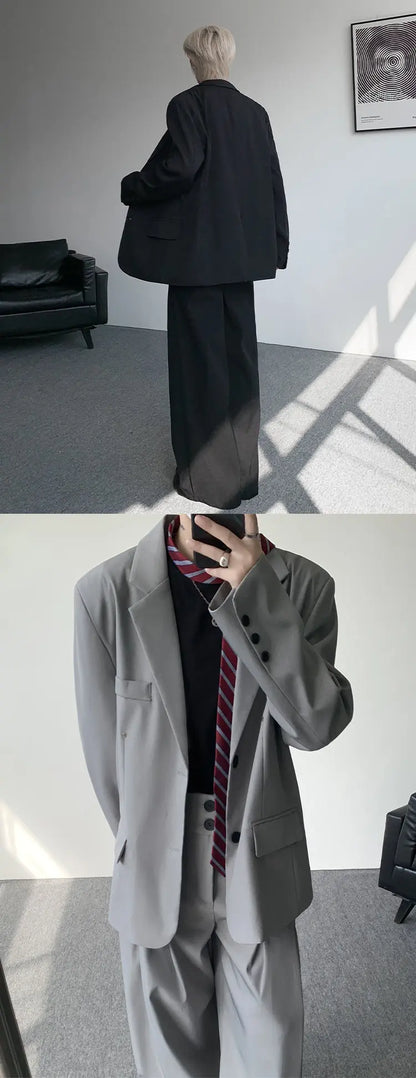 Casual suit set Men Loose fitting 2 piece suit Shoulder pads Trend Streetwear Korean 2025 NEW suit jacker+suit pants