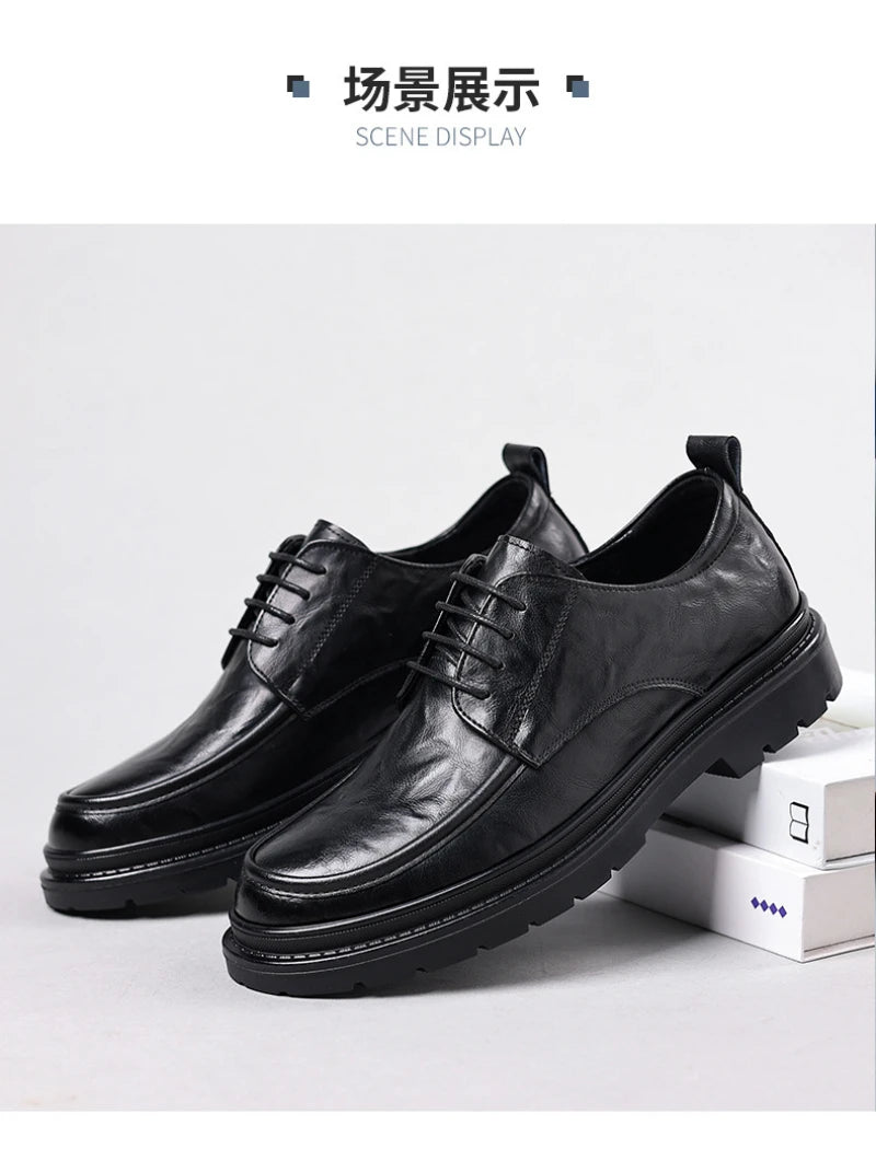 Mens Black Wrinkled Leather Apron Toe Lace Up Dress Shoes Thick Lug Sole Chunky Formal Business Office Work Daily Wear Shoes
