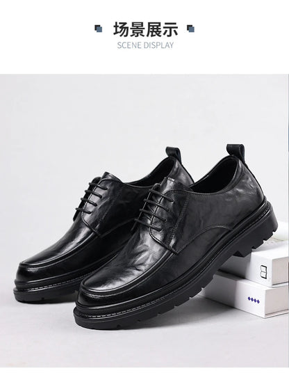 Mens Black Wrinkled Leather Apron Toe Lace Up Dress Shoes Thick Lug Sole Chunky Formal Business Office Work Daily Wear Shoes