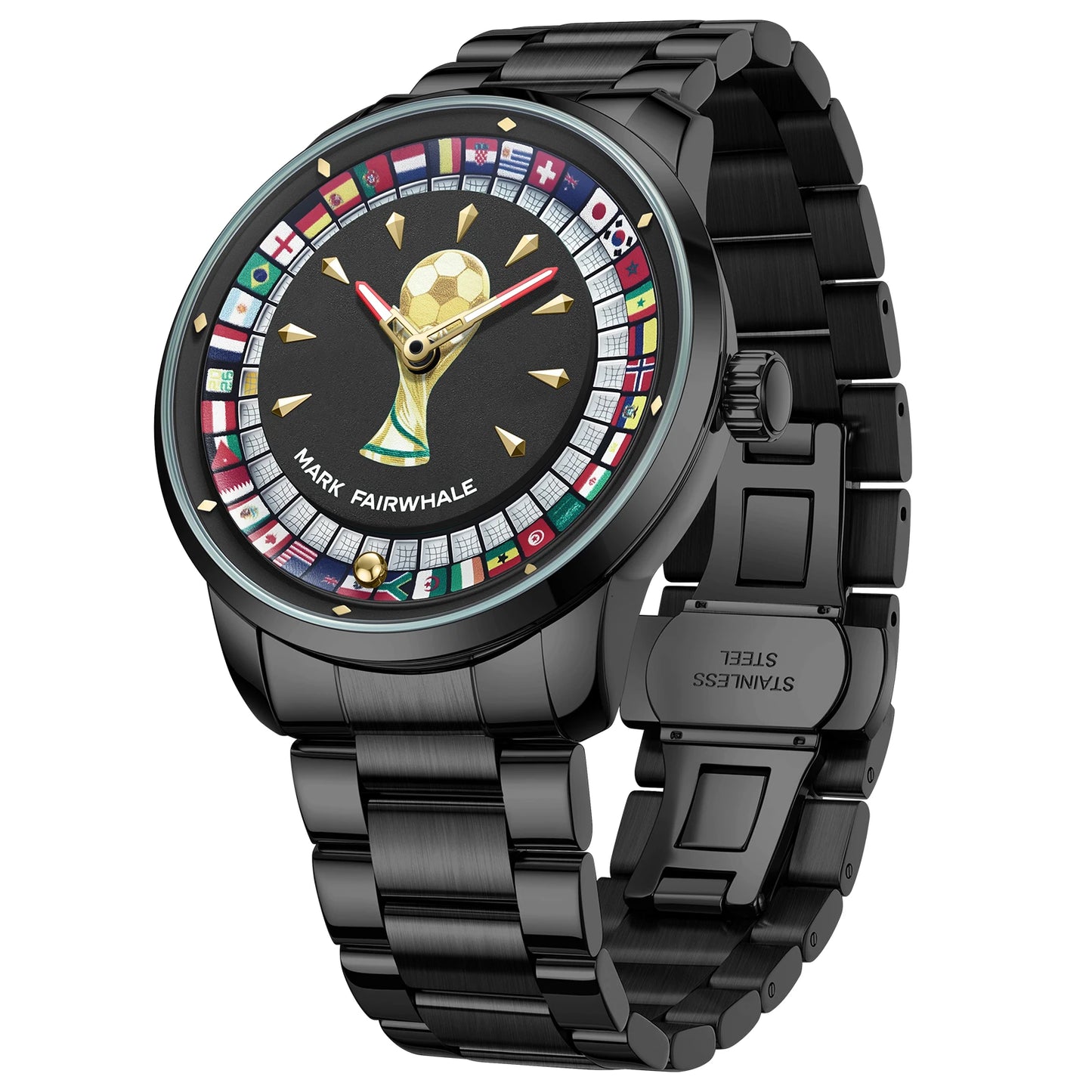 MARK FAIRWHALE 5087 Famous Football Sports Quartz Watch 360 ° Rotating Flag Dial Stainless Steel Strap Waterproof Watch for Man
