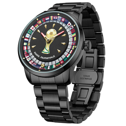 MARK FAIRWHALE 5087 Famous Football Sports Quartz Watch 360 ° Rotating Flag Dial Stainless Steel Strap Waterproof Watch for Man