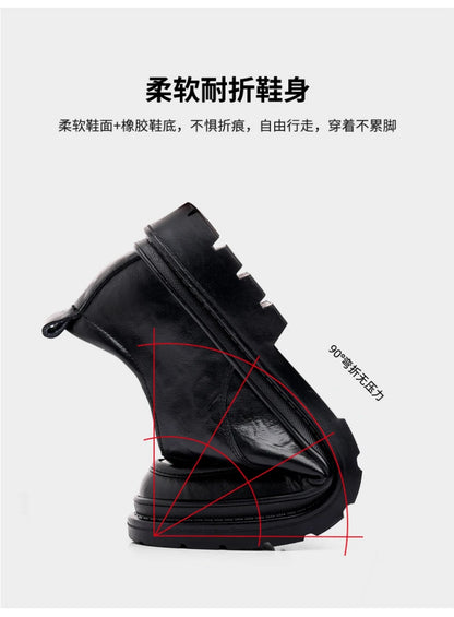 Mens Black Wrinkled Leather Apron Toe Lace Up Dress Shoes Thick Lug Sole Chunky Formal Business Office Work Daily Wear Shoes