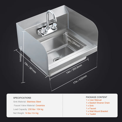 SucceBuy Commercial Hand Sink with Faucet and Side Splash Stainless Steel Sink for Washing Wall Mount Hand Basin for Restaurant