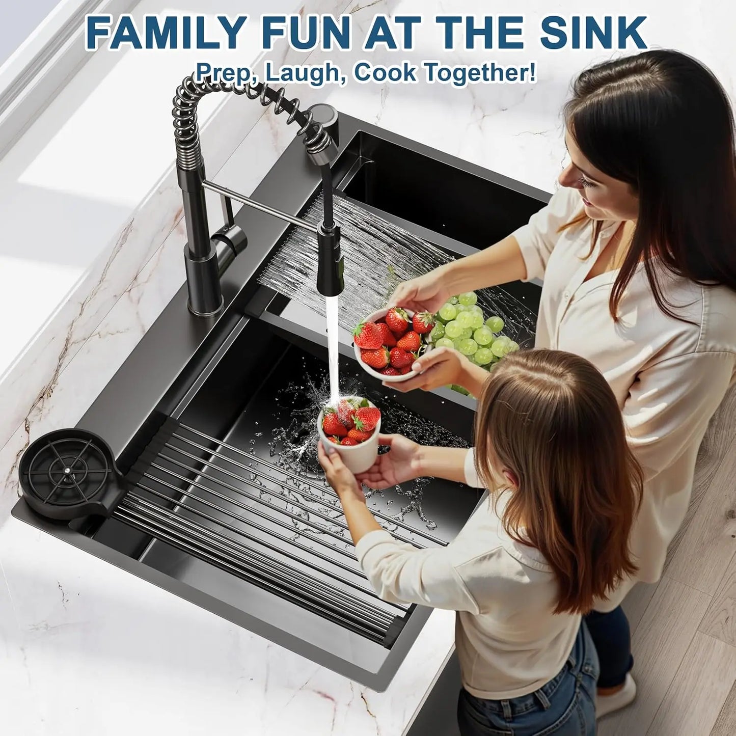 33in Gunmetal Black Waterfall Kitchen Sink Pull Out Faucet Combo Single Bowl Stainless Steel Workstation Accessories, Custom