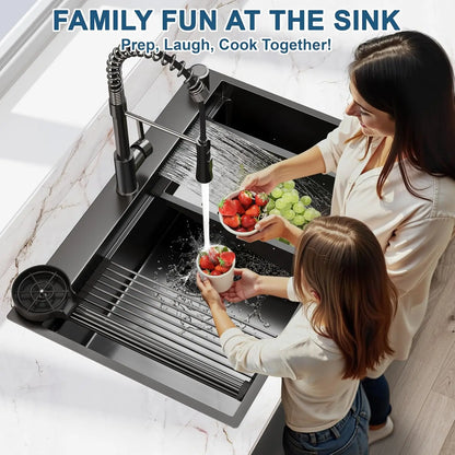 33in Gunmetal Black Waterfall Kitchen Sink Pull Out Faucet Combo Single Bowl Stainless Steel Workstation Accessories, Custom