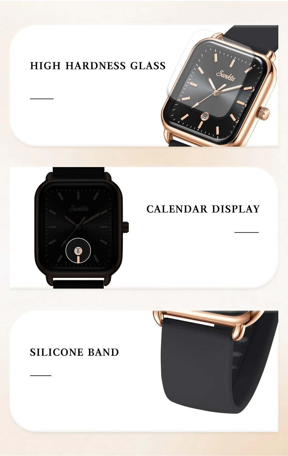 Sunkta Fashion Elegant Woman Watch Square Luxury Retro Silicone Belt Auto Date Casual Waterproof Luminous Quartz Watches for Men