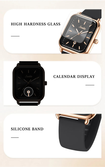Sunkta Fashion Elegant Woman Watch Square Luxury Retro Silicone Belt Auto Date Casual Waterproof Luminous Quartz Watches for Men