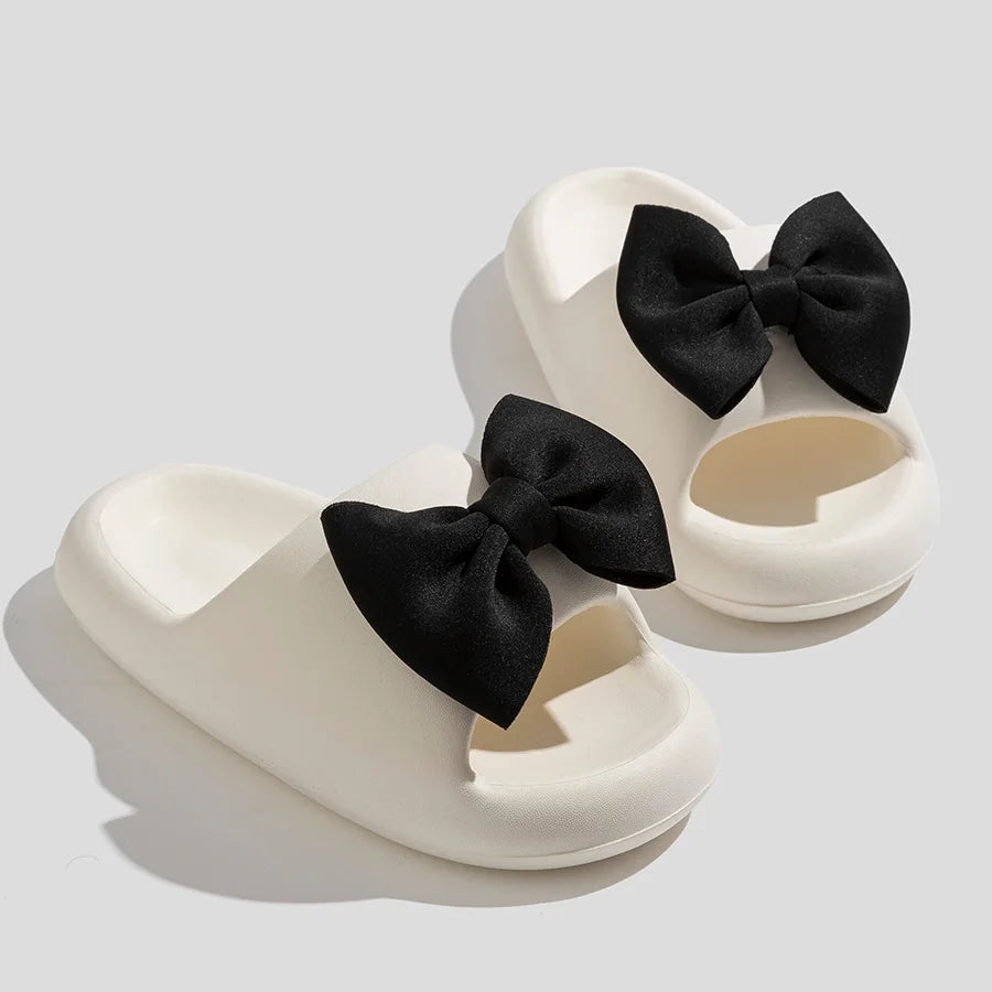 Fashion Bow Tie Slippers for Women Outdoor Thick Soft Sole Slippers Non Slip Slides Sweet Girls Beach Open Toe Shoes