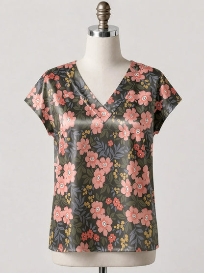 Women's Satin V-neck Tropical Floral Print Short-Sleeve Summer Shirt Casual Street Fashion T-Shirt New Beachwear