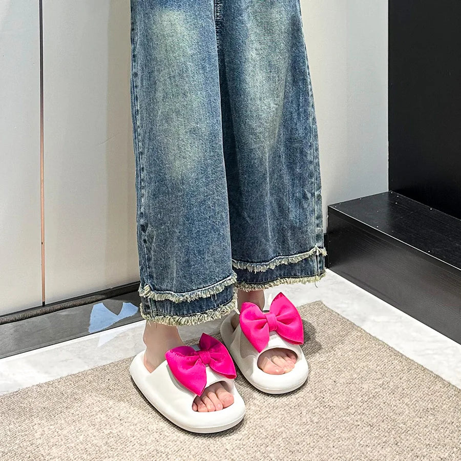 Fashion Bow Tie Slippers for Women Outdoor Thick Soft Sole Slippers Non Slip Slides Sweet Girls Beach Open Toe Shoes
