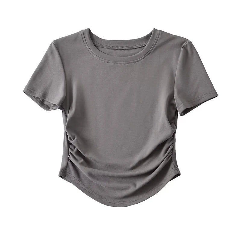 2024 Harajuku Women Crew Neck Short Sleeve Cotton Tee With Ruched Sides Detail T-shirts