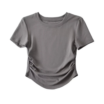 2024 Harajuku Women Crew Neck Short Sleeve Cotton Tee With Ruched Sides Detail T-shirts