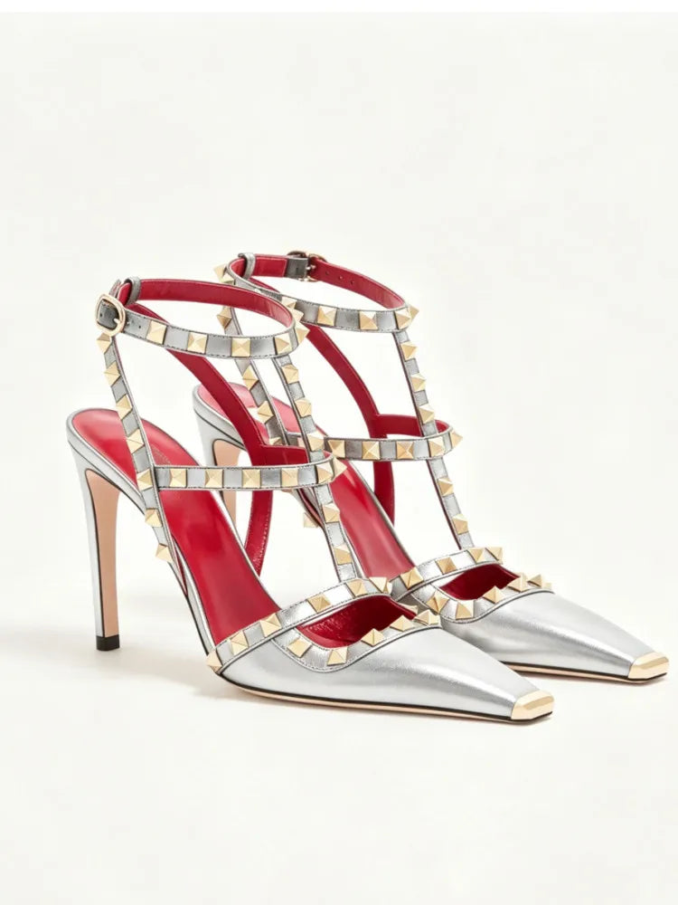Summer Square Headed Rivet High-heeled Women's Sandals, Fashionable and Sexy Women's Party T-table Women's Plus Size Sandals