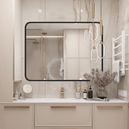 JHK Matte Metal Framed Bathroom Mirror for Wall,Vanity Rectangle Rounded Corner Tempered Glass Mirror,Clear Reflection,Modern