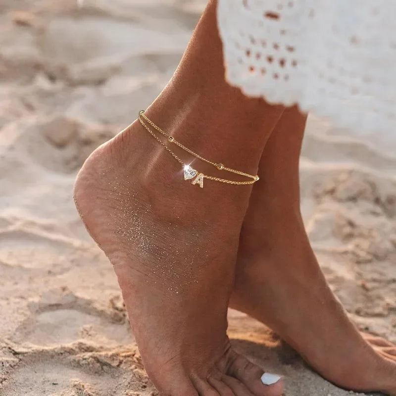 Waterproof cz Ankle Bracelets for Women  14K Gold Plated CZ Initial Dainty Layered Heart Anklets Foot Chain Summer Beach Jewelry