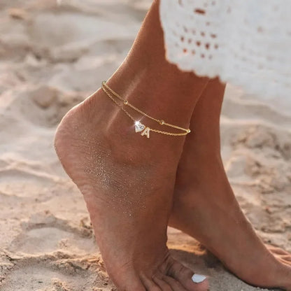 Waterproof cz Ankle Bracelets for Women  14K Gold Plated CZ Initial Dainty Layered Heart Anklets Foot Chain Summer Beach Jewelry